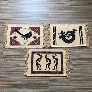 El Paso Saddleblanket Co Set of 3 Placemats Kokopelli Roadrunner Lizard Prints